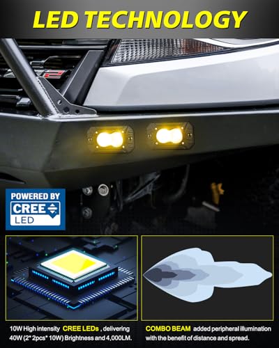 Amber Flush Mount LED Pods, AKD Part CREE LED Flush Bumper Lights 40W Spot Flood Combo Offroad Driving Light Amber LED Fog Chase Lights Pods for Trucks Pickup SUV UTV ATV - color: Amber Flush