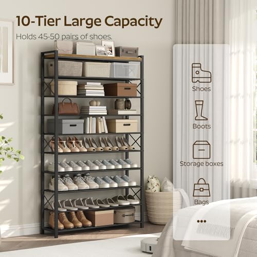 YATINEY 10-Tier Shoe Rack, 39.4" L Shoe Shelf for 45-50 Pairs of Shoes, Tall Shoe Storage Organizer with Metal Frame, Large Capacity Shoes Rack for Entryway, Closet, Rustic Brown and Black SS39BR - size: 39.4" x 11" x 68.5"