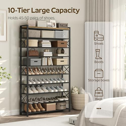 YATINEY 10-Tier Shoe Rack, 39.4" L Shoe Shelf for 45-50 Pairs of Shoes, Tall Shoe Storage Organizer with Metal Frame, Large Capacity Shoes Rack for Entryway, Closet, Rustic Brown and Black SS39BR - size: 39.4" x 11" x 68.5"