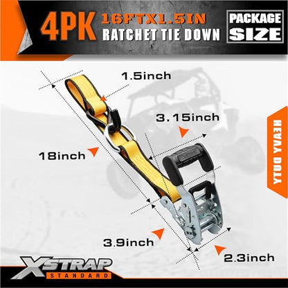 XSTRAP STANDARD 4 Pack 1.5" x 16' Ratchet Straps Double J Hook - 1,100 lb Capacity, 3,300 lb Break Strength, Heavy Duty Tie Down Straps for Truck, Motorcycle & Cargo Hauling - style: 4pk 1.5'' x 16' 3300lbs yellow