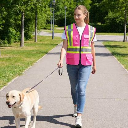 Safety Vest with Pockets - High Visibility Reflective Mesh Vest for Men & Women - color: Pink, size: Large