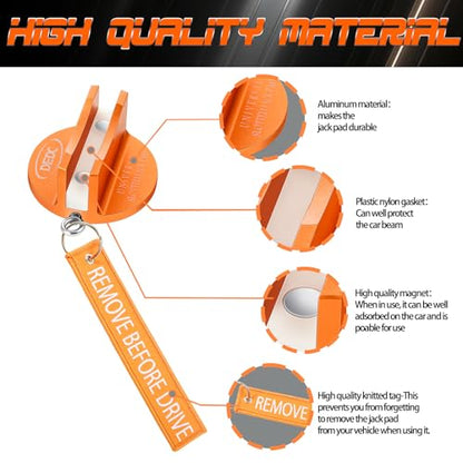 DEDC Universal Aluminum Grooved Magnetic Jack Pad 2 Pcs, Jacking Puck Pinch Weld Frame Rail Adapter with 2 Reminder Streamers, Oil Change Mush Haves, Mechanic Tools in Garage, Gifts for Mechanics - size: Orange 2 Pcs with 2 Reminder Streamers