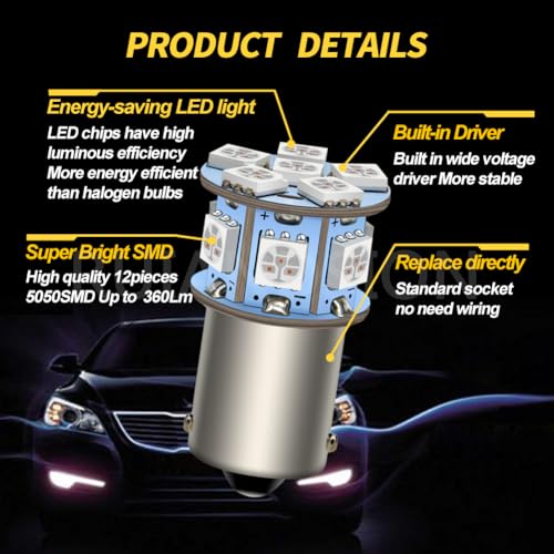 Ruiandsion 2pcs 6V 1156 BA15S 5050 12SMD Yellow/Amber LED Light Bulbs for Reverse Lights Turn Signal Tail Lights,Non-polarity - color: Amber, size: 1156/BA15S