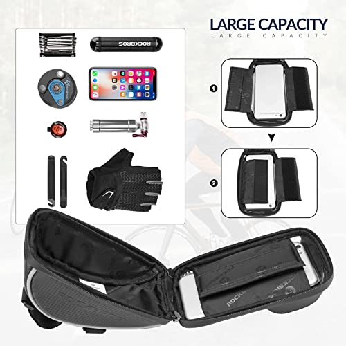 ROCKBROS Bike Phone Mount Bag Bike Front Frame Handlebar Bag Waterproof Bike Phone Holder Case Bicycle Accessories Pouch Sensitive Touch Screen Compatible with iPhone Below 6.5" - color: black