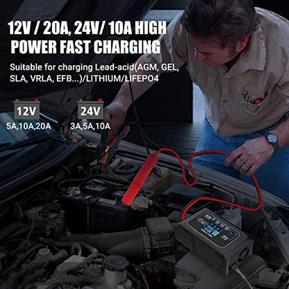 20-Amp Smart Battery Charger,Lithium,LiFePO4,Lead-Acid(AGM/Gel/SLA..) Car Battery Charger,Trickle Charger, Maintainer/deep Cycle Charger,12V/20A and 24V/10A,for Boat,Motorcycle,Lawn Mower,Golf cart..