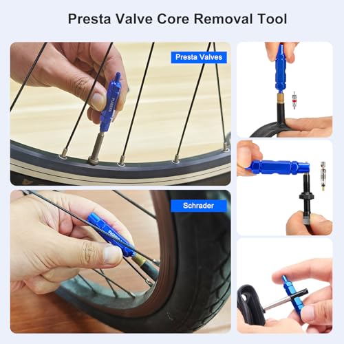 3-Piece Tire Valve Tool Kit for Presta and Schrader | Presta and Schrader removers, 4-in-1 stem puller, 11.6 cm short handle for tire repair - size: Schrader+Presta+10Cores