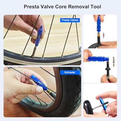 3-Piece Tire Valve Tool Kit for Presta and Schrader | Presta and Schrader removers, 4-in-1 stem puller, 11.6 cm short handle for tire repair - size: Schrader+Presta+10Cores