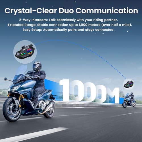 Motorcycle Helmet Bluetooth Headset, Bluetooth 5.4 Intercom for 2 Riders up to 1000m, IPX7 Waterproof, HD Speakers for Harley, Dirt Bike, ATV, & Snowmobile Helmet Communication System