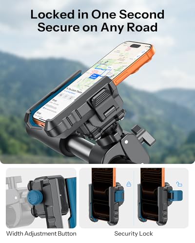 OMOTON BK01 Anti-Vibration Phone Mount, Quick Lock Shockproof Bike & Motorcycle Phone Holder, Fits iPhone & Android for Riders on E-Bike, Stroller, Scooter, Fits Handlebars & Rearview Mirror, Blue - color: 2-Blue