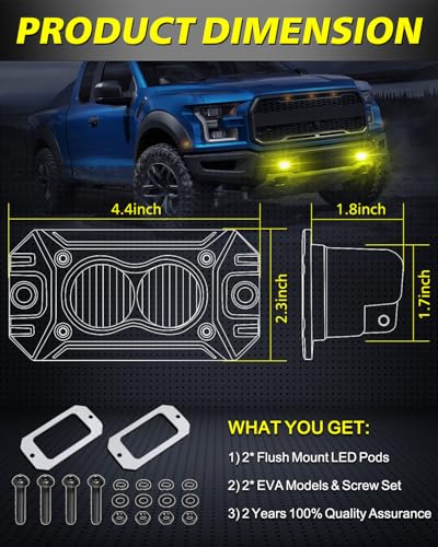Yellow Flush Mount LED Pods, AKD Part Flood CREE LED Flush Mount Fog Lights 40W Yellow Chase Lights Bumper Driving Backup Reverse Light Pods for Trucks Pickup SUV UTV ATV Snowmobile - color: Yellow Flush