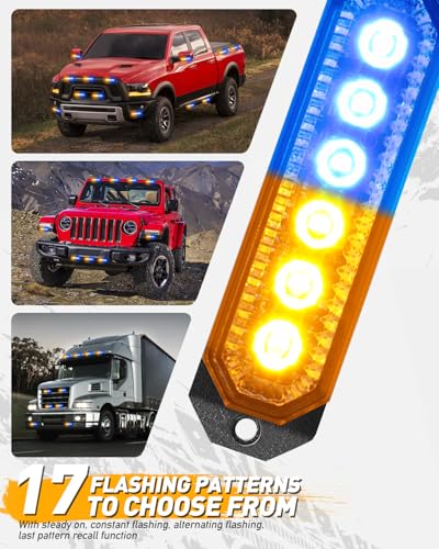 HLauto 406T Emergency Strobe Grille Lights: 4Pcs 6 LED Sync Feature Safety Warning Flashing Light, 12V-24V Ultra Slim Surface Mount Hazard Caution Light for Truck, Vehicle, Car, ATV, UTV (Amber Blue) - color: Amber/Blue