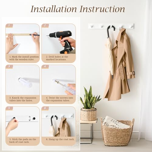 Coat Rack Wall Mount, Wooden Coat Hanger with 5 Hooks, Heavy Duty, White, 1 Pcs - color: White