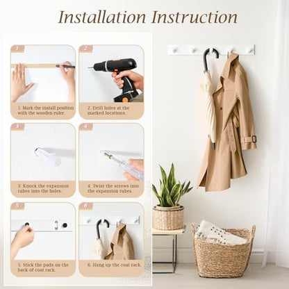 Coat Rack Wall Mount, Wooden Coat Hanger with 5 Hooks, Heavy Duty, White, 1 Pcs - color: White