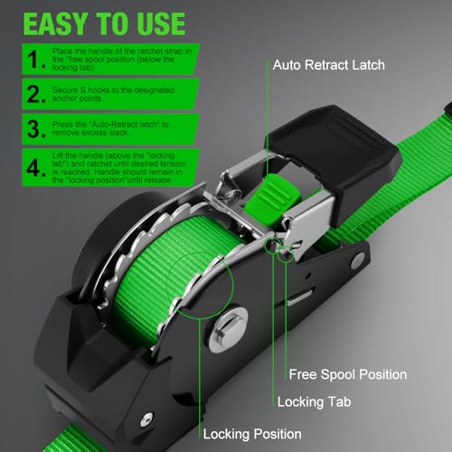 Retractable Ratchet Straps (4-Pack) - 1 Inch x 10 Feet (1,650lb Break Strength) - Heavy Duty Auto Self Retracting Tie Down Straps for Motorcycle, ATV, UTV, Truck, Cargo Trailer - Green - color: Green