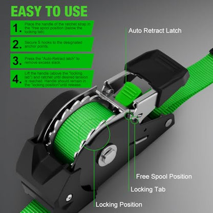 Retractable Ratchet Straps (4-Pack) - 1 Inch x 10 Feet (1,650lb Break Strength) - Heavy Duty Auto Self Retracting Tie Down Straps for Motorcycle, ATV, UTV, Truck, Cargo Trailer - Green - color: Green