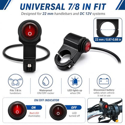 Motorcycle Handlebar Switch, 12V Waterproof Aluminum Alloy Handlebar Switches with On-Off Push Button, Headlight Fog Light Switches Fits 7/8" Handlebars, Motorcycle Accessories - color: 1 PCS