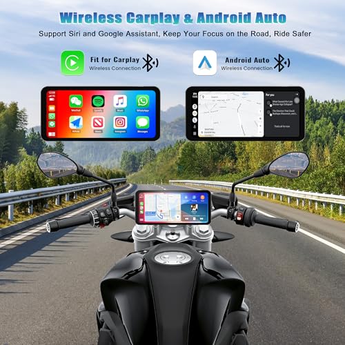 Motorcycle Screen Head Unit, 6.3" Motorbike Smart HD Display Navigator with Wireless CarPlay Android Auto IP67 Waterproof Bluetooth Voice Assistant Auto Light Sensing OTA Updates Mounting Kits