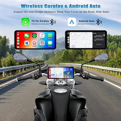Motorcycle Screen Head Unit, 6.3" Motorbike Smart HD Display Navigator with Wireless CarPlay Android Auto IP67 Waterproof Bluetooth Voice Assistant Auto Light Sensing OTA Updates Mounting Kits