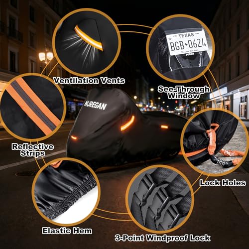 Heavy Duty Motorcycle Cover Waterproof Outdoor, Universal Fit with All Season Protection & Ventilation Vents for Harley Davidson, Indian, BMW Cruiser, Touring, ADV Storage up to 104 Inch