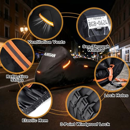 Heavy Duty Motorcycle Cover Waterproof Outdoor, Universal Fit with All Season Protection & Ventilation Vents for Harley Davidson, Indian, BMW Cruiser, Touring, ADV Storage up to 104 Inch