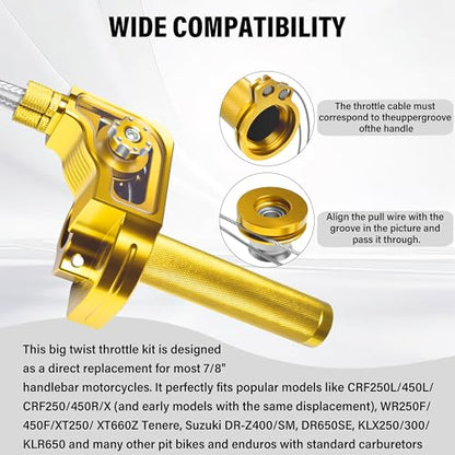 Universal 7/8" Big Twist Throttle Assembly, Dual Push-Pull Cable with Transparent Window for 110-650cc Dirt Pit Bike, Motocross, ATV & Quad, CNC Aluminum Quick Twister Throttle Grip (Gold) - color: Gold