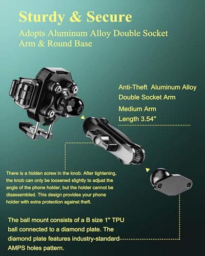 BRCOVAN Anti-Theft Phone Mount Holder with Vibration Dampener, 1s Locking | Don't Block Camera, with Aluminum Diamond Base & Medium Arm, for Car Boat Truck Motorcycle UTV, Fit 5.4-7.2'' Smartphones