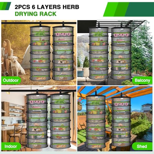 Yesker 6 Layer Herb Drying Rack Hanging Mesh Net Foldable Plant Drying Racks 24" w Green Zipper Pruning Shears Dryer Hanging Rack for Herbs Seed Bud Fruit Clothes Grow Tent Closet Garden Outdoor 2 PCS - size: 2 PCS 6 Layers