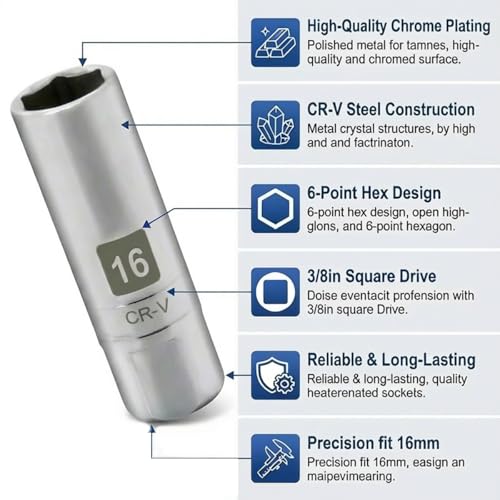 1PCS Magnetic Spark Plug Socket, 3/8 Inch Drive 6-Point Sparking Plugs Socket, Universal Spark Plug Removal Tool Accessories for Most Cars, SUVs, Trucks(16MM) - size: 16MM