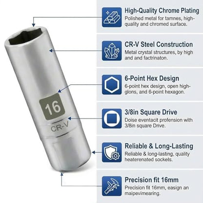 1PCS Magnetic Spark Plug Socket, 3/8 Inch Drive 6-Point Sparking Plugs Socket, Universal Spark Plug Removal Tool Accessories for Most Cars, SUVs, Trucks(16MM) - size: 16MM