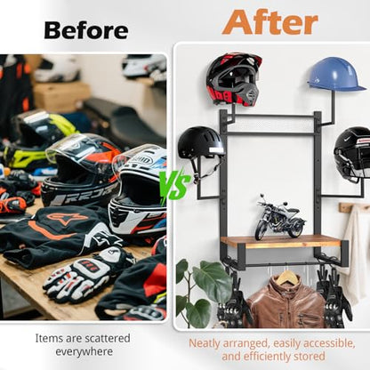 TheElves Motorcycle Helmet Holder Wall Mount, Heavy-Duty Helmet Rack with 4 Helmet Holder & 4 Glove Clips & 4 Hooks, Rustic Wooden Motorcycle Gear Storage Organizer for Helmets, Jackets, Accessories