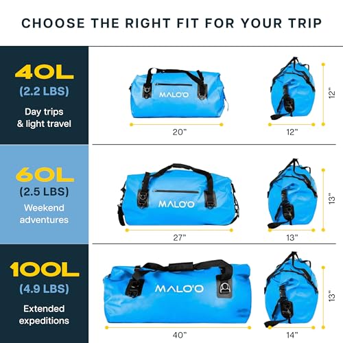 Malo’o Waterproof Dry Duffel, Heavy-Duty Roll Top Waterproof Gear Bag with Shoulder Strap & Molle Loops, Marine Duffel for Kayaking, Boating, Camping, Beach & Travel, Blue, 40L - color: Blue, size: 40L