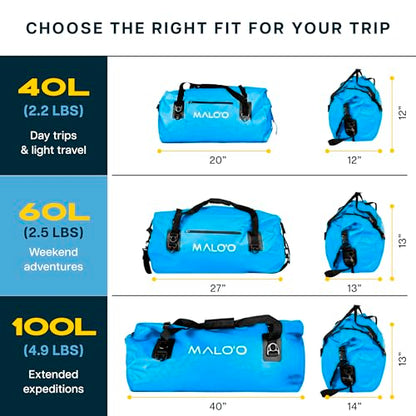 Malo’o Waterproof Dry Duffel, Heavy-Duty Roll Top Waterproof Gear Bag with Shoulder Strap & Molle Loops, Marine Duffel for Kayaking, Boating, Camping, Beach & Travel, Blue, 60L - color: Blue, size: 60L