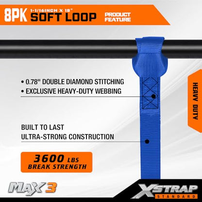 XSTRAP STANDARD Soft Loop Tie-Down Straps - 8PK 1-1/16 x 18 inches - 3600LB Breaking Strength, Loops for Securing Trailering of Bikes, ATV, UTV, Motorcycles, Scooters, Dirt Bikes, Lawn Equipment, Blue - color: Blue