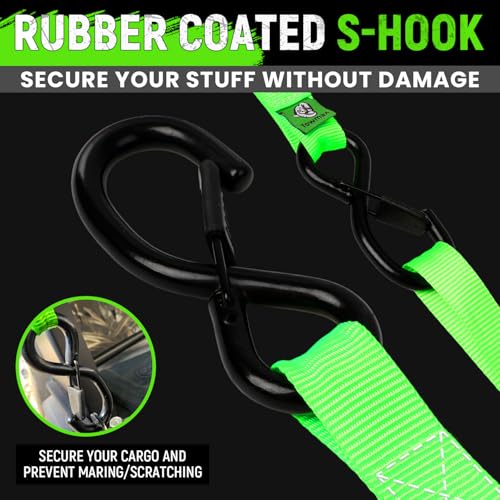 Ratchet Straps Medium Duty 4 Pack -1 Inch x 15 Feet (2,100LB Break Strength)- Motorcycle Tie Down Straps -Soft Loops Tie Downs- Ratchet Tie Down Set for Powersports, Motorcycle or Moving Cargo - style: Green,1"x15',2100lb