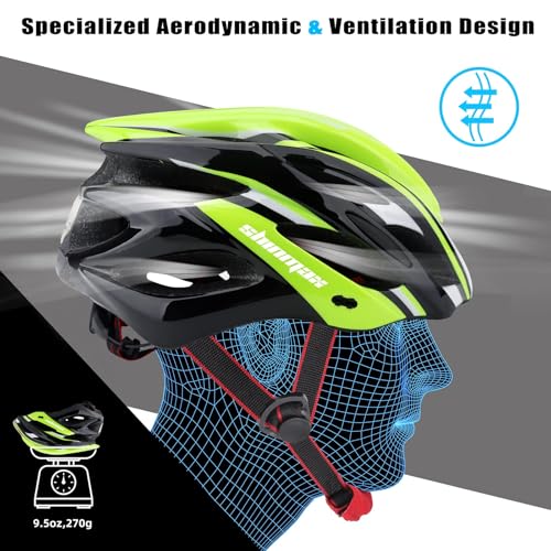 Bike Helmet Men Women, Shinmax Bicycle Helmet with Rear Light and Detachable Visor - color: Black/Green, size: Medium (54-58 cm)