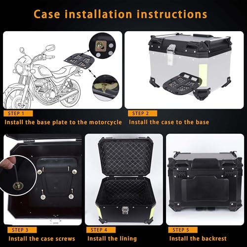 Motorcycle Top Case 57L Trunk Tail Box Bag Aluminum alloy handle With Leather Lining Anti-Theft With Lock And Back Cushion Waterproof Dustproof Easy Installation With Universal Bracket Silver - color: Silver（57L-Single Lock）