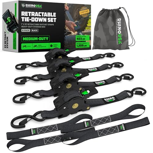 Rhino USA Retractable Ratchet Straps (4-Pack) - 1 Inch x 10 Feet (1,209lb Break Strength) - Auto Self Retracting Tie Down Straps for Truck, Cargo Trailer, Motorcycle, ATV, UTV - Black - color: Black, size: 4 Pack