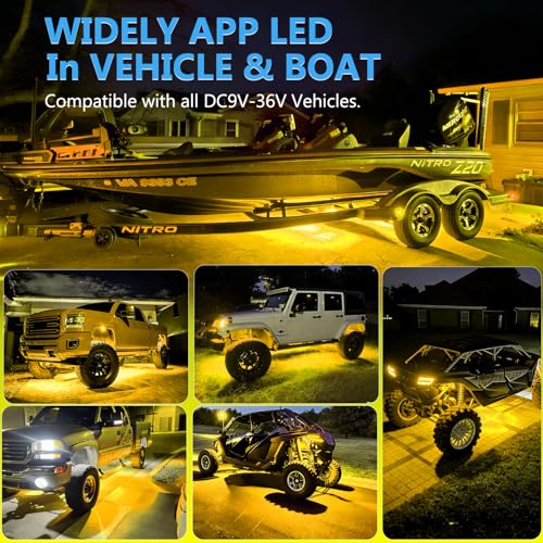 Nicoko 108 High-Power LEDs per Pod 4Pods Yellow Amber Rock Lights Ultra-Bright Offroad Underglow Kit Advanced Heat Dissipation IP68 Waterproof for Truck, SUV, UTV, ATV, RZR - size: Pure yellow rock lights
