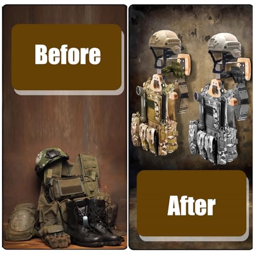 Eorbow Tactical Gear Wall Mount, Wooden Motorcycle Helmet Holder Stand, Heavy Duty Helmet Display Hanger, Multipurpose Jacket Rack for Police, Soccer, Cycling, Skiing Gears, Coats, Vets, Hats, Caps