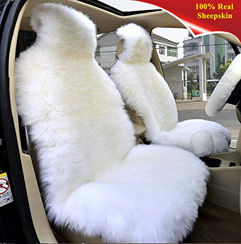 Winter Warm Authentic Australia Sheepskin Car Seat Cover Luxury Long Wool Front Seat Cover Fits Most Car, Truck, SUV, or Van (White) - color: White