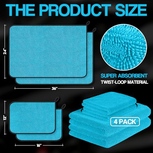 Bolant 4 Pack Twisted Loop Car Drying Towel, Microfiber Towels for Cars 24"x36", Reusable Shammy Quick Dry Cloth for Auto, Boat, Kitchen, Windows & Bathroom（Blue） - color: Blue