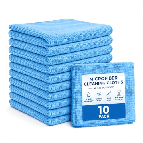 Multi-Purpose Microfiber Cleaning Cloths, Blue, 10 Pack, 9.8" x 9.8" | Highly Absorbent, Kitchen Dish Towels, Lint-Free, Reusable, For House, Car, Window - color: Blue