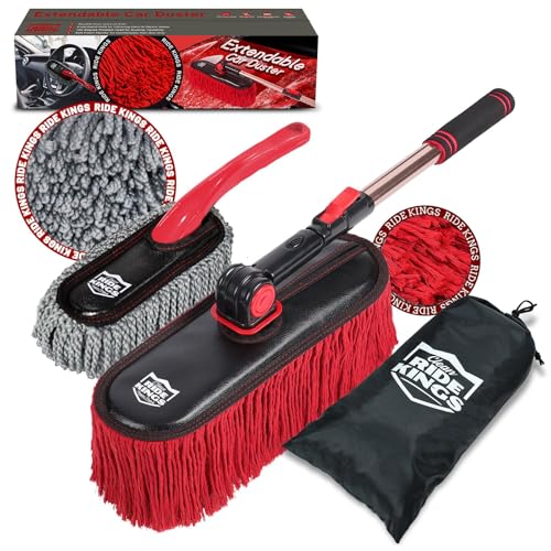 Car Duster Exterior Scratch Free & Interior Detailing Brush Set, Waxed Cotton Waterless Dust Remover, 360° Swivel Telescoping Handle, Multi-Purpose Cleaning Tool for Cars, RVs & Home - color: Light red