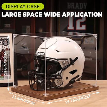 Football Helmet Display Case, Full Size Acrylic Baseball Motorcycle Helmet Showcase, UV Protection Collectibles and Souvenirs Box with Solid Wood Base and Stand, Ideal Gift for Sports Fans - size: 17.2ln×13.4ln×1.5