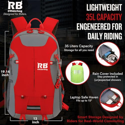 riderbag Reflective Motorcycle Backpack, Hi Viz Commuter Riding Bag | Designed by Riders for Everyday Rides with Laptop Compartment and Helmet Net. Built to Help You Be Seen. - color: Red
