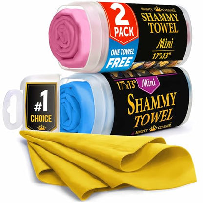 Premium 2pk Mini +1 Free Shammy Cloth for Car Drying - 17”x13” - Super Absorbent Chamois Towel for Car - Scratch-Free, Reusable & Soft Cleaning Towel - color: Pink, Blue, Yellow