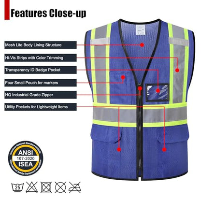Reflective Safety Vest for Men Women Hi Vis Vest with Pockets High Visibility Vest Mesh Construction Vests Meets ANSI/ISEA Standards (Blue-33, Small) - color: Blue-33, size: Small