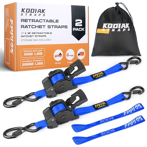 Retractable Ratchet Straps 1" x 10ft, 1,800lb Break Strength, Heavy Duty Easy Release Tie Down for Trucks, Trailers, Motorcycles, ATVs, Secure Cargo KODIAK STRAPS (Blue, 2Pack) - color: Blue, size: 1INCH*2PACK