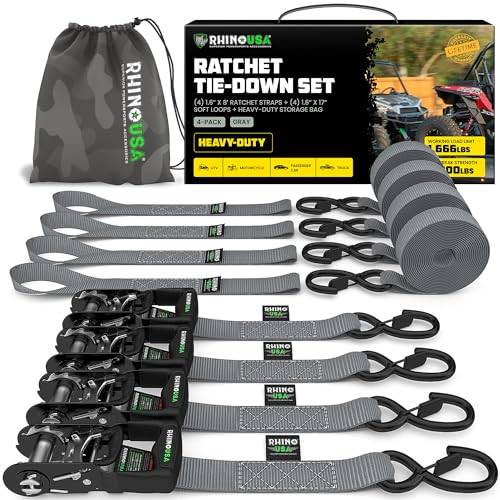 Rhino USA Ratchet Straps Heavy Duty Kit (4-Pack) - 1.6 Inch x 8 Feet Min Break Strength (5,000) - Ultimate Tie Down Straps with Safety S Hooks for Trucks, ATV, UTV, Motorcycle, Cargo & More - Gray - color: Gray, size: 8ft - 4 Pack