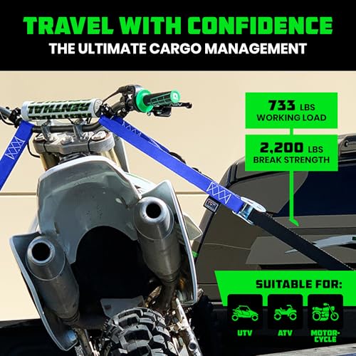Rhino USA Motorcycle Tie Down Straps (2 Pack) Lab Inspected 2,200lb Break Strength, Steel Cambuckle Tiedown Set with Integrated Soft Loops - Better Than a Ratchet Strap (Blue 2-Pack) - color: Blue 2-Pack